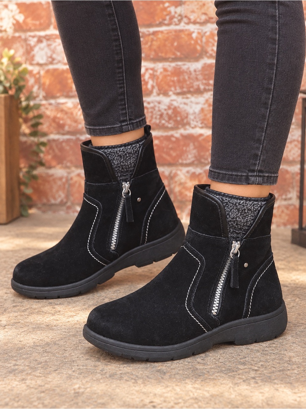 Sporto Black Suede Shearling Lined Side Zip Ankle Boots